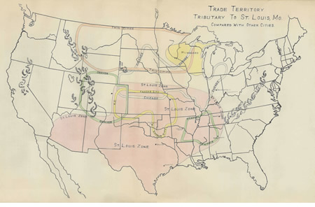 Image of map showing retail trade territory of St. Louis, Chicago, Kansas City, Denver, Minneapolis-St. Paul and Memphis | St. Louis Fed